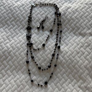 Elegant Multi-Strand Black Bead Necklace and Earring Set